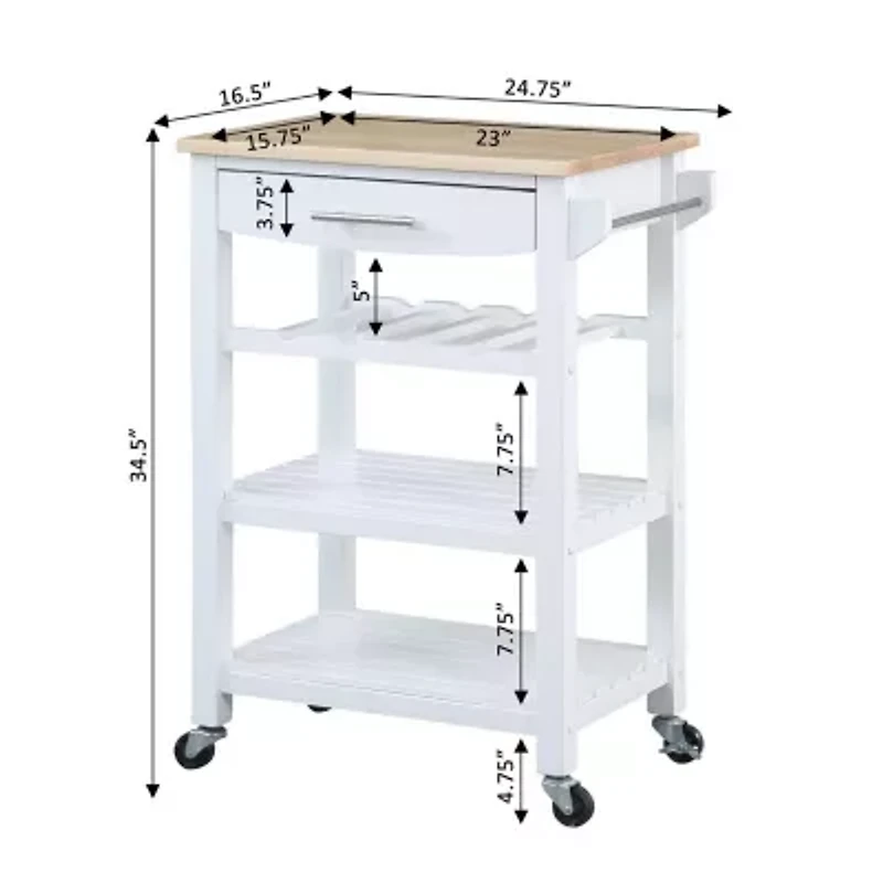 Ellaine 4-Tier Butcher Block Kitchen Cart with Drawer and Wine Rack
