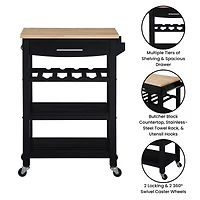 Ellaine 4-Tier Butcher Block Kitchen Cart with Drawer and Wine Rack