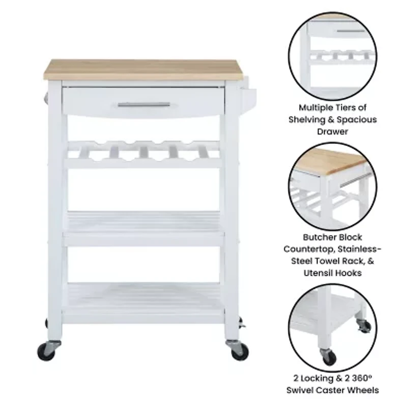 Ellaine 4-Tier Butcher Block Kitchen Cart with Drawer and Wine Rack