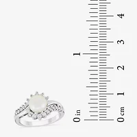 Womens 7MM White Cultured Freshwater Pearl Sterling Silver Round Crossover Side Stone Cocktail Ring