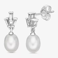 Womens White Cultured Freshwater Pearl Sterling Silver Drop Earrings