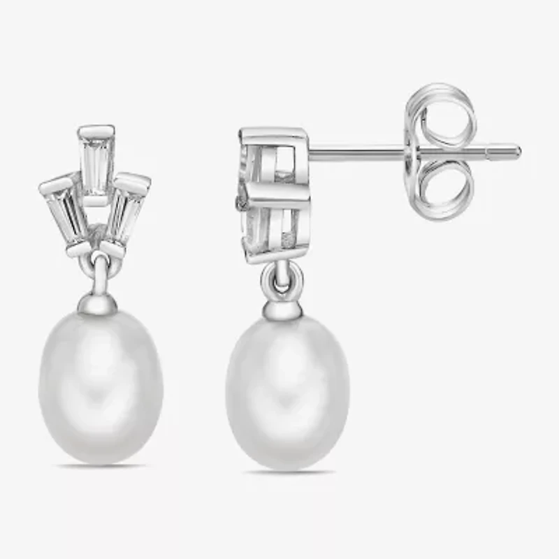 Womens White Cultured Freshwater Pearl Sterling Silver Drop Earrings