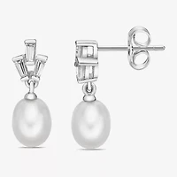 Womens White Cultured Freshwater Pearl Sterling Silver Drop Earrings