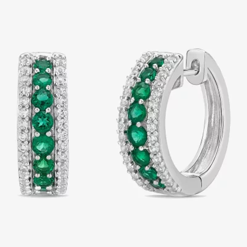 Womens Lab Created Green Emerald Sterling Silver 19.5mm Hoop Earrings