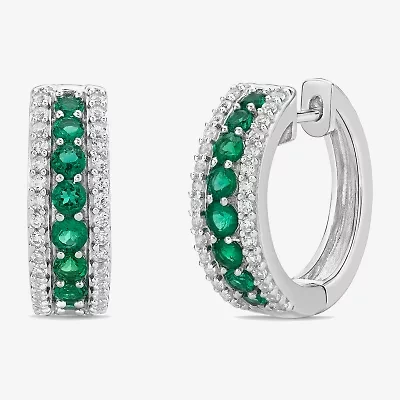 Womens Lab Created Green Emerald Sterling Silver 19.5mm Hoop Earrings