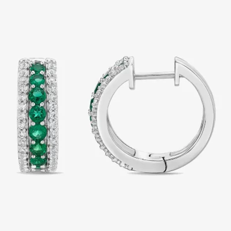Womens Lab Created Green Emerald Sterling Silver 19.5mm Hoop Earrings