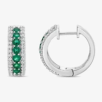 Womens Lab Created Green Emerald Sterling Silver 19.5mm Hoop Earrings