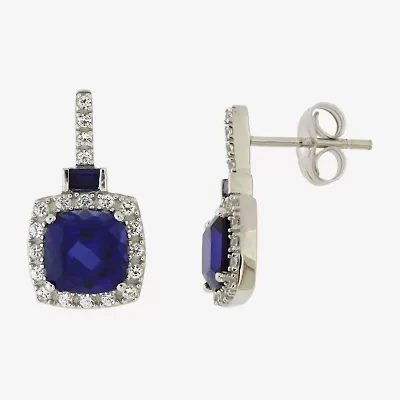 Womens Lab Created Blue Sapphire Sterling Silver Cushion Drop Earrings