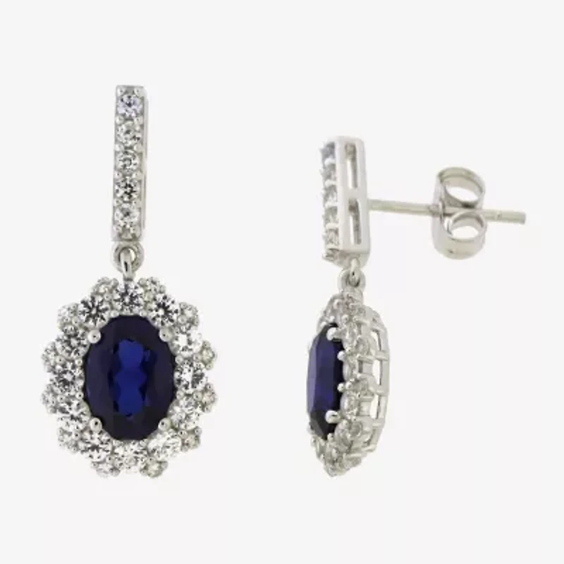 Womens Lab Created Blue Sapphire Sterling Silver Oval Drop Earrings