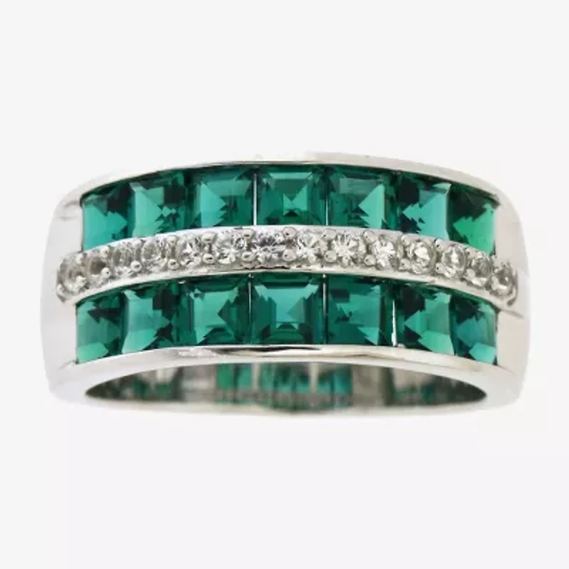 Womens 5MM Lab Created Green Emerald Sterling Silver Band