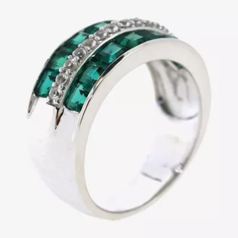 Womens 5MM Lab Created Green Emerald Sterling Silver Band