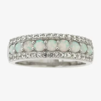 Womens Lab Created White Opal Sterling Silver Band