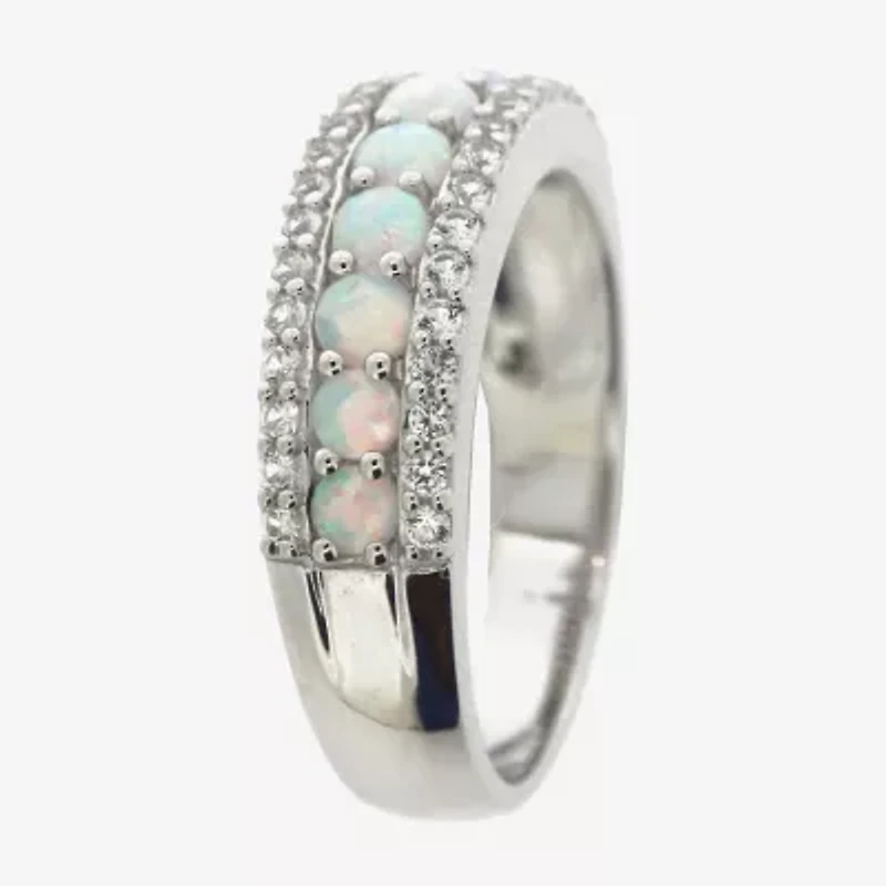Womens Lab Created White Opal Sterling Silver Band