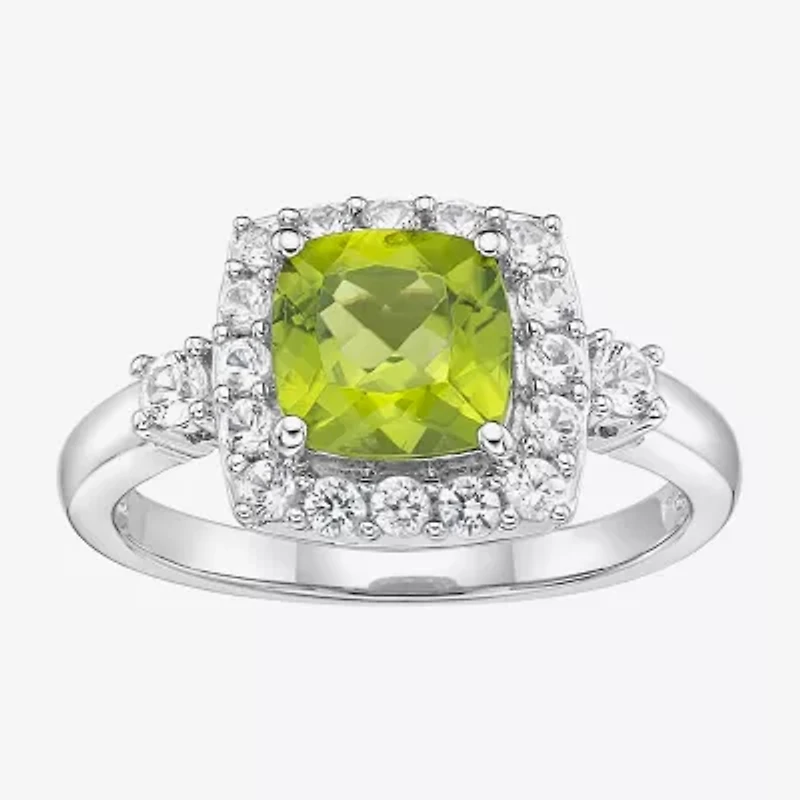 Womens Genuine Green Peridot Sterling Silver Cushion Halo Cocktail Ring