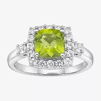 Womens Genuine Green Peridot Sterling Silver Cushion Halo Cocktail Ring