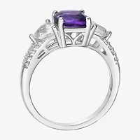 Womens Genuine Purple Amethyst Sterling Silver 3-Stone Cocktail Ring