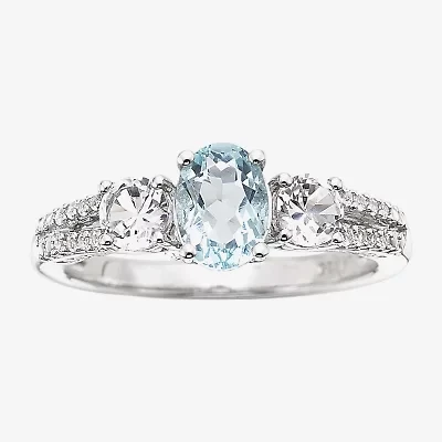 Womens Simulated Blue Aquamarine Sterling Silver Oval 3-Stone Cocktail Ring