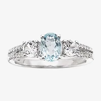 Womens Simulated Blue Aquamarine Sterling Silver Oval 3-Stone Cocktail Ring