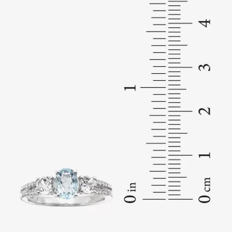 Womens Simulated Blue Aquamarine Sterling Silver Oval 3-Stone Cocktail Ring