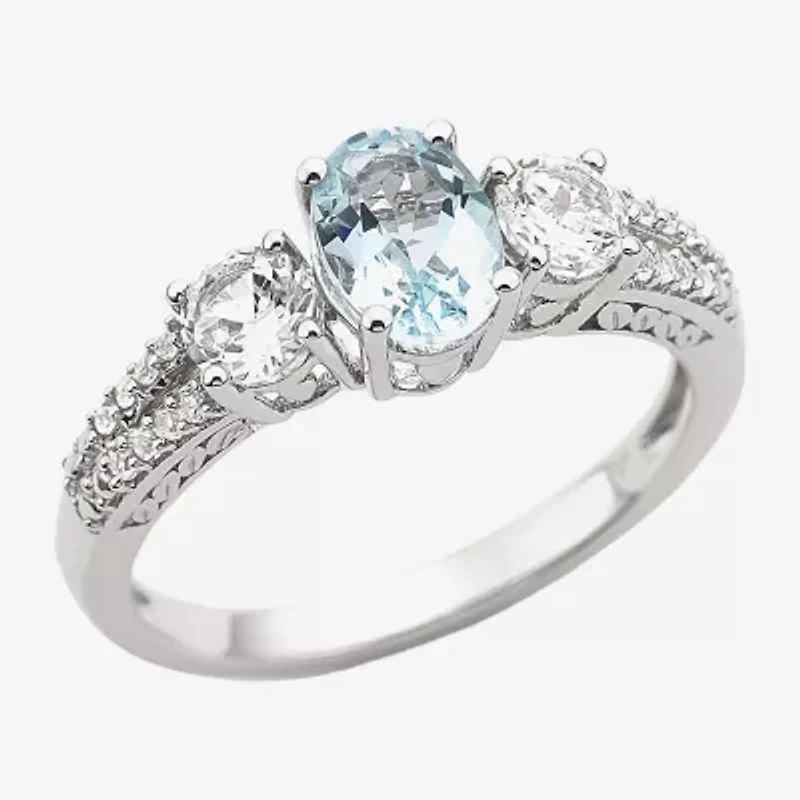 Womens Simulated Blue Aquamarine Sterling Silver Oval 3-Stone Cocktail Ring
