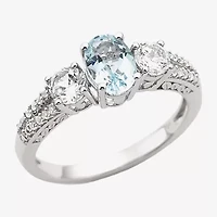 Womens Simulated Blue Aquamarine Sterling Silver Oval 3-Stone Cocktail Ring