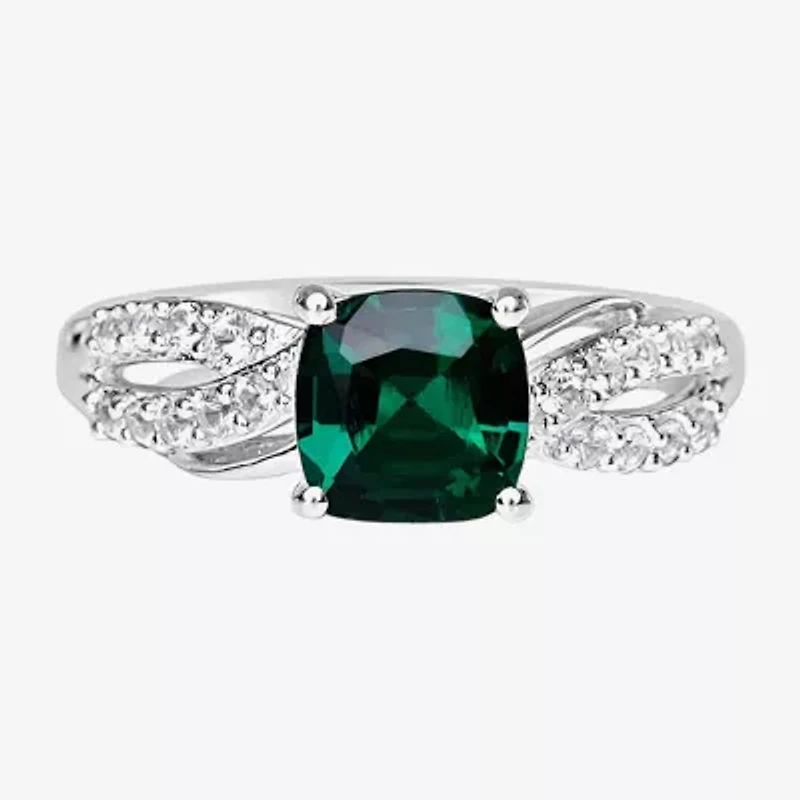 Womens Lab Created Green Emerald Sterling Silver Cocktail Ring