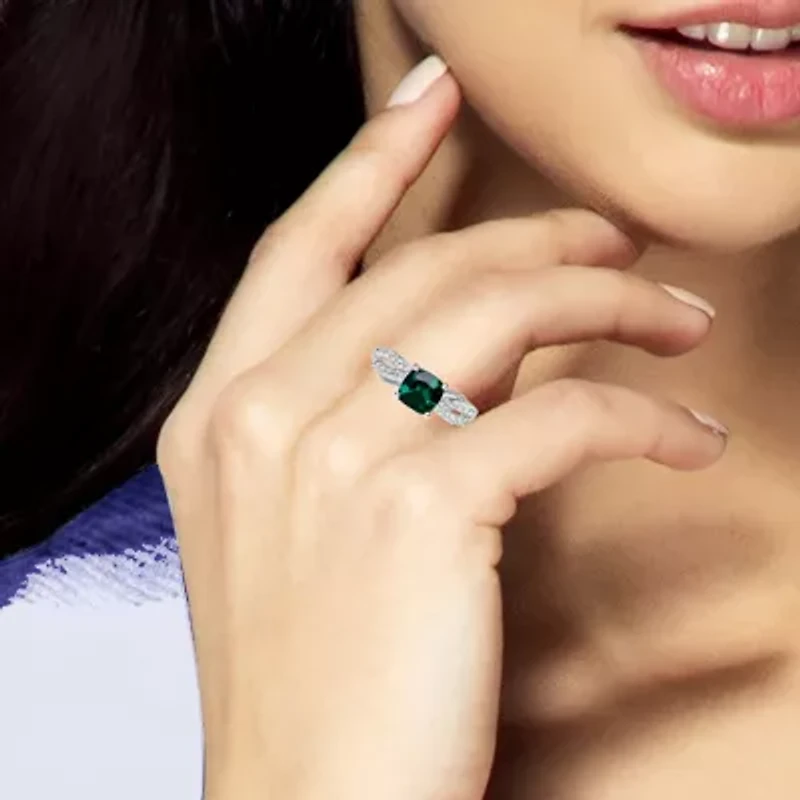 Womens Lab Created Green Emerald Sterling Silver Cocktail Ring