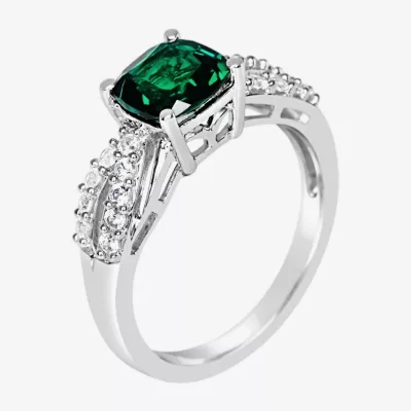 Womens Lab Created Green Emerald Sterling Silver Cocktail Ring