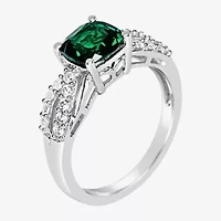 Womens Lab Created Green Emerald Sterling Silver Cocktail Ring