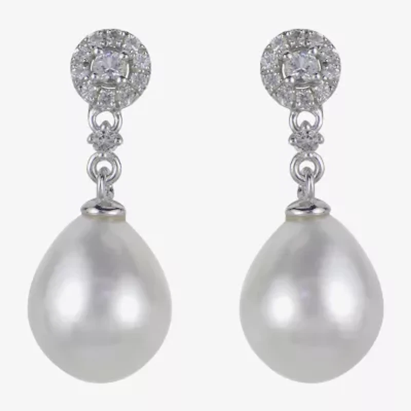 8.5-9Mm Cultured Freshwater Pearl And Genuine White Topaz Sterling Silver Earrings