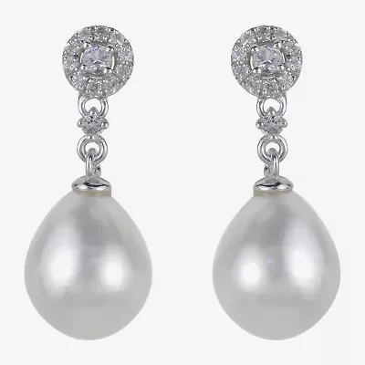 8.5-9Mm Cultured Freshwater Pearl And Genuine White Topaz Sterling Silver Earrings