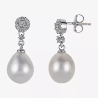 8.5-9Mm Cultured Freshwater Pearl And Genuine White Topaz Sterling Silver Earrings