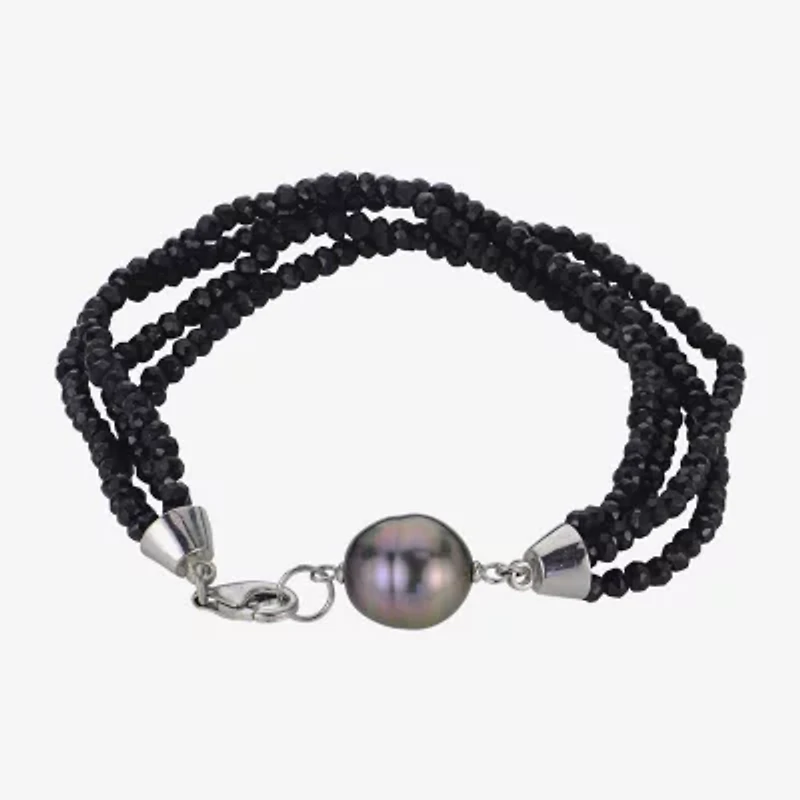 Genuine Tahitian Pearl & Black Spinel Sterling Silver Bead Bracelet