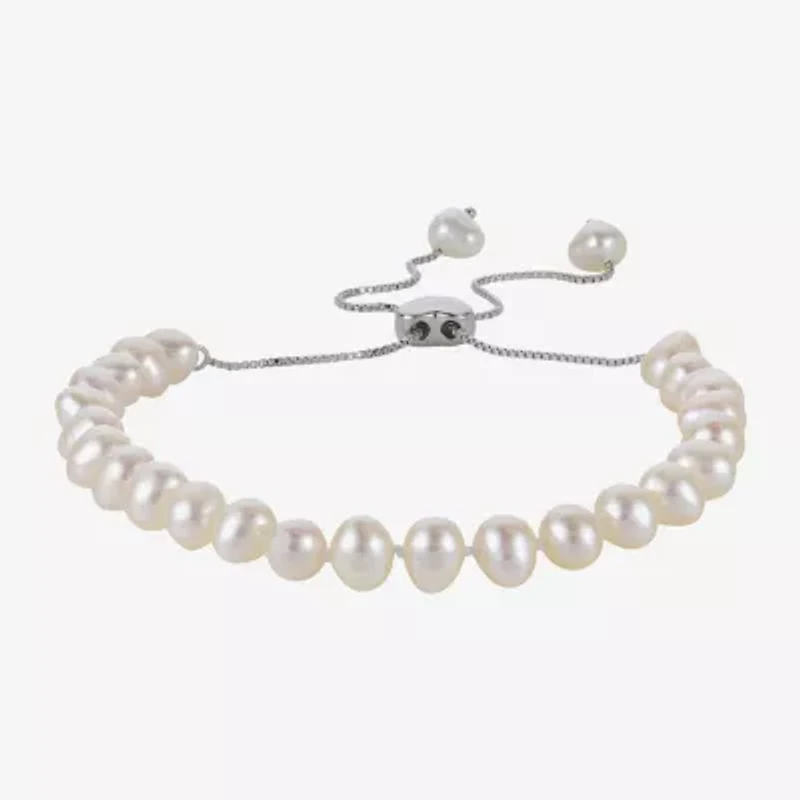 Womens White Cultured Freshwater Pearl Sterling Silver Bolo Bracelet