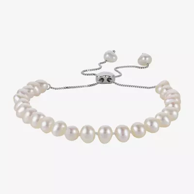 Womens White Cultured Freshwater Pearl Sterling Silver Bolo Bracelet
