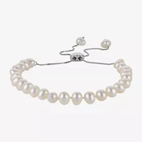 Womens White Cultured Freshwater Pearl Sterling Silver Bolo Bracelet