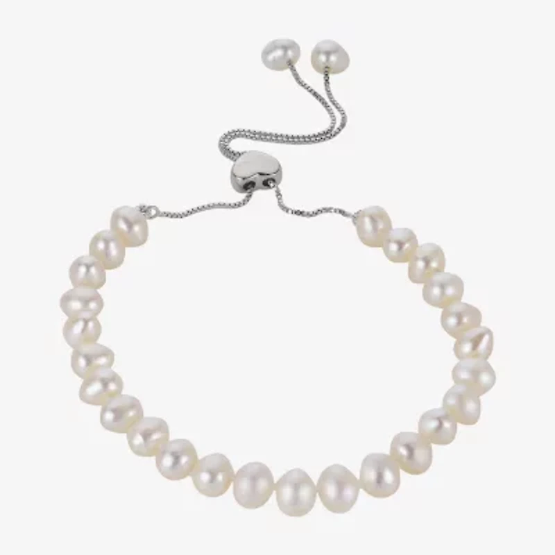Womens White Cultured Freshwater Pearl Sterling Silver Bolo Bracelet