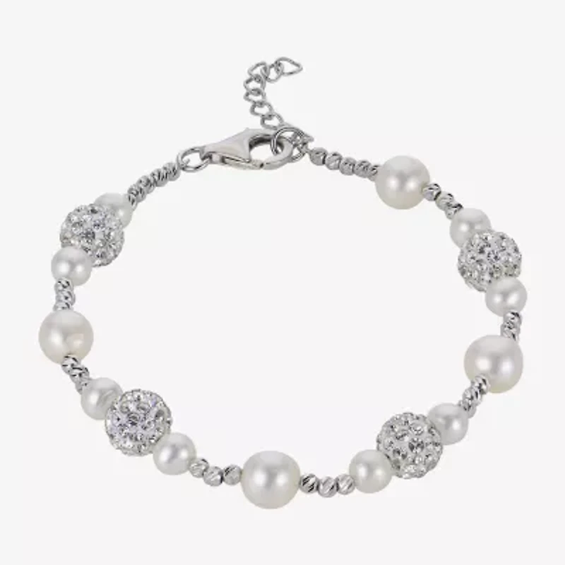 Womens White Cultured Freshwater Pearl Sterling Silver Beaded Bracelet