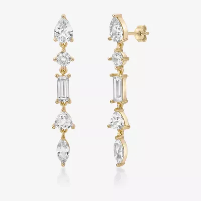 Womens Lab Created White Sapphire 18K Gold Over Silver Drop Earrings