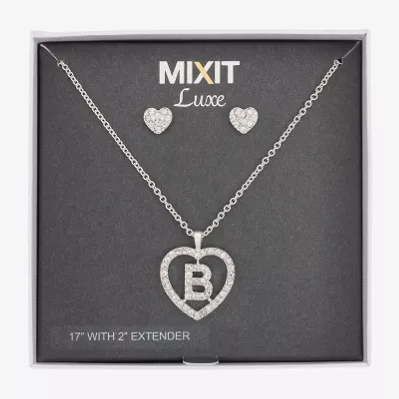 Mixit Silver Tone Initial Pendant Necklace & Stud Earring Womens White Heart 2-pc. Jewelry Set