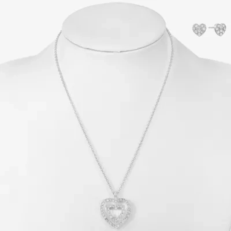 Mixit Silver Tone Pendant Necklace & Stud Earrings Womens White Heart 2-pc. Jewelry Set