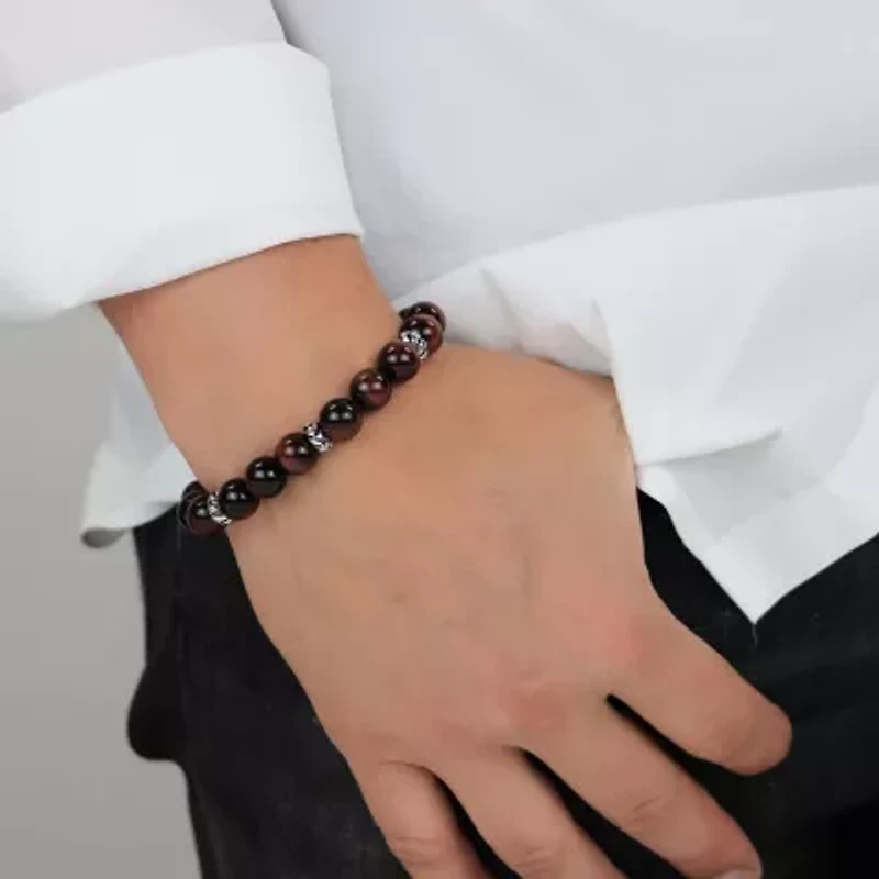 Mens Red Tiger's Eye Sterling Silver Beaded Bracelet