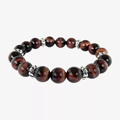 Mens Red Tiger's Eye Sterling Silver Beaded Bracelet