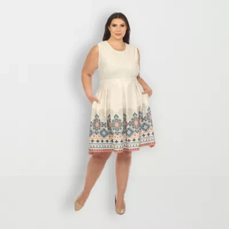 White Mark Womens Sleeveless Paisley Plus Fit + Flare Dress