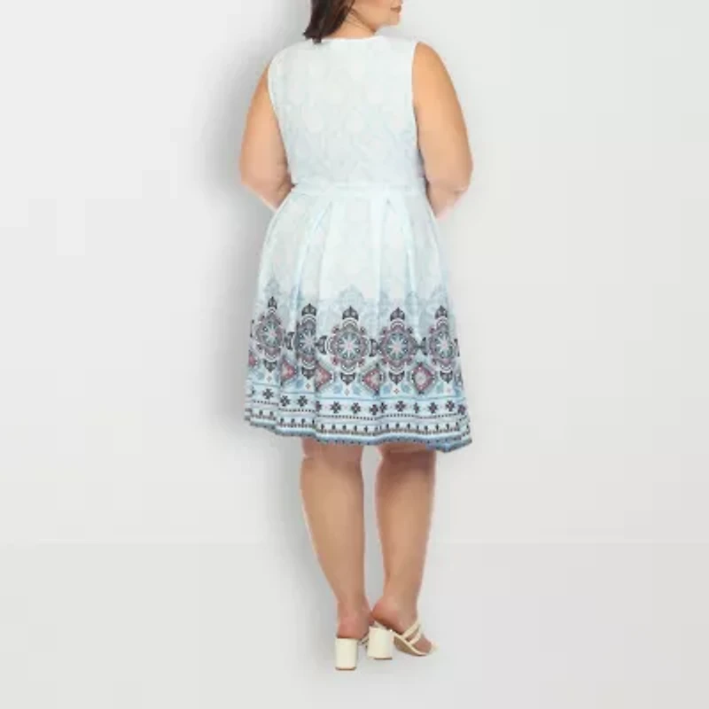 White Mark Womens Plus Crew Neck Sleeveless Paisley Fit + Flare Dress