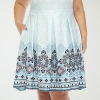 White Mark Womens Plus Crew Neck Sleeveless Paisley Fit + Flare Dress