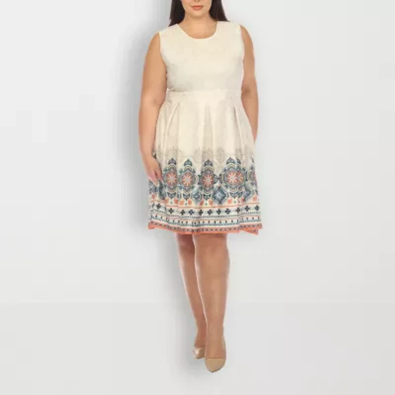 White Mark Womens Sleeveless Paisley Plus Fit + Flare Dress
