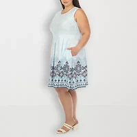 White Mark Womens Plus Crew Neck Sleeveless Paisley Fit + Flare Dress