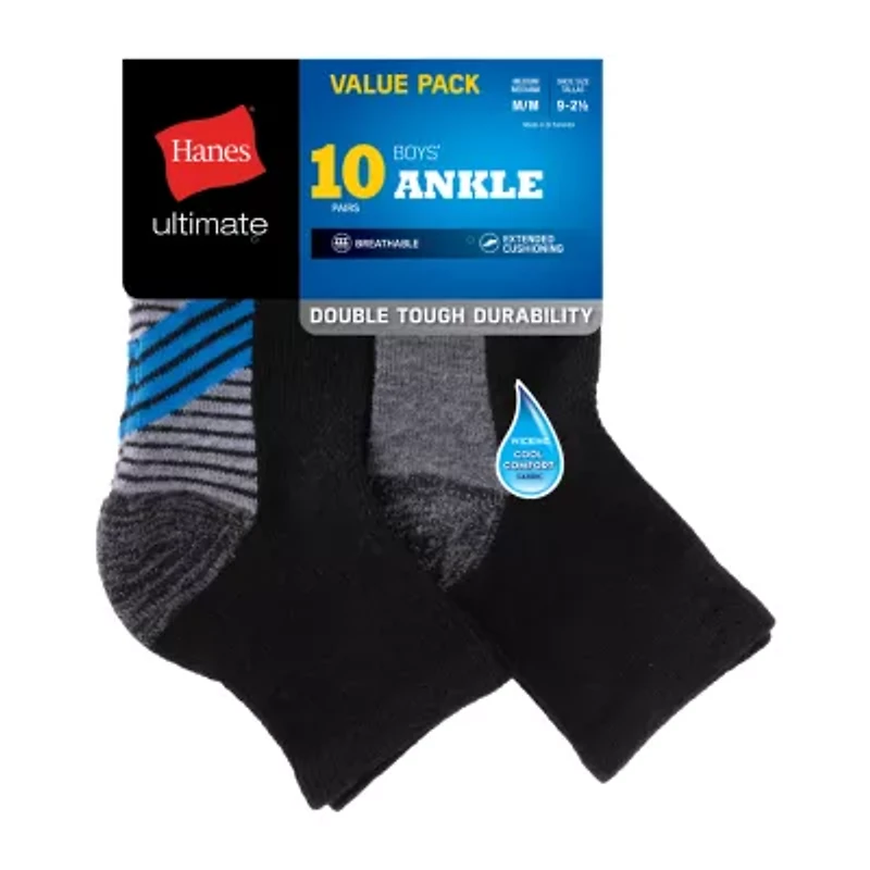 Hanes Little & Big Kid Boys Multi-Pack 10 Pair Quarter Ankle Socks