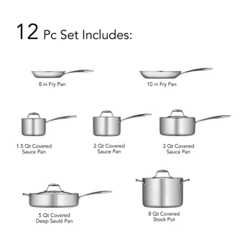 Tramontina Gourmet Tri-Ply Clad 18/10 Stainless Steel 12-pc. Induction-Ready Cookware Set